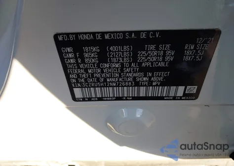 2022 Honda Hr-V 2Wd Sport from USA, damaged, VIN 3CZRU5H12NM726883